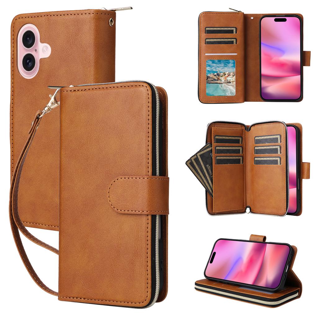 For iPhone 17 Case Zipper Pocket 9 Card Slots PU Leather Phone Cover with Hand Strap