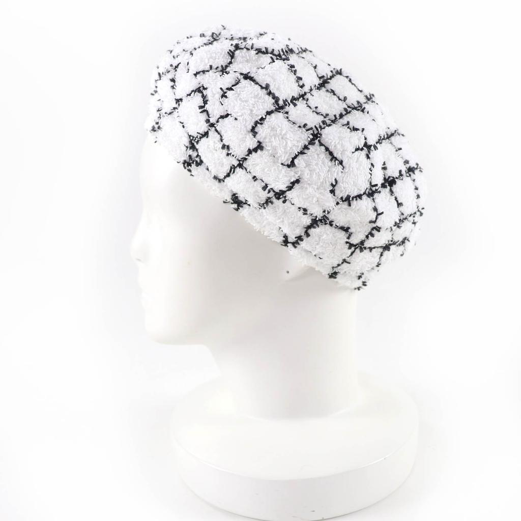 Excellent CHANEL beret COCO Mark Tweed white cotton Women M 19C Used