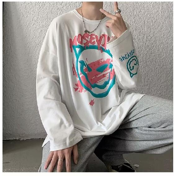 2024 Men's Long-Sleeved T-shirt Autumn Undershirt Long Sleeve Cotton Autumn Hong Kong Style Printing Loose Trendy Top