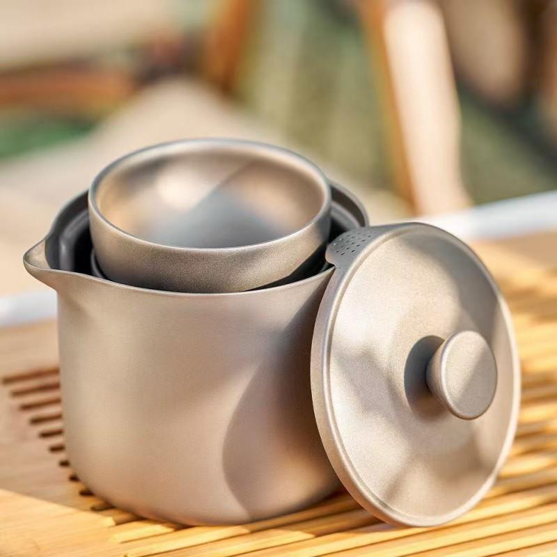 Titanium Double Wall Insulated Camping Tea Set Portable Infuser With Lid Travel Bag Outdoor Hiking Picnic