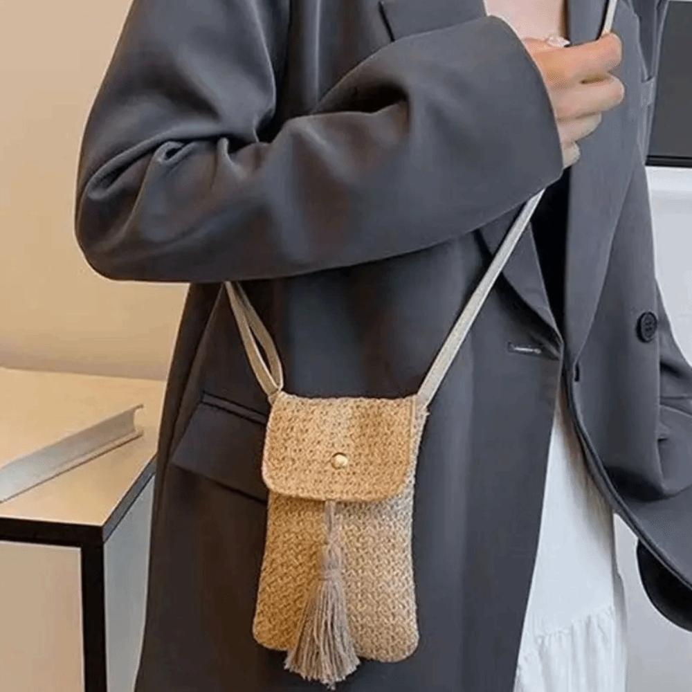 Weaving Woman Phone Pouch Long Tassel Crossbody Bucket Bag Fashion Woven Beach Bag  Summer