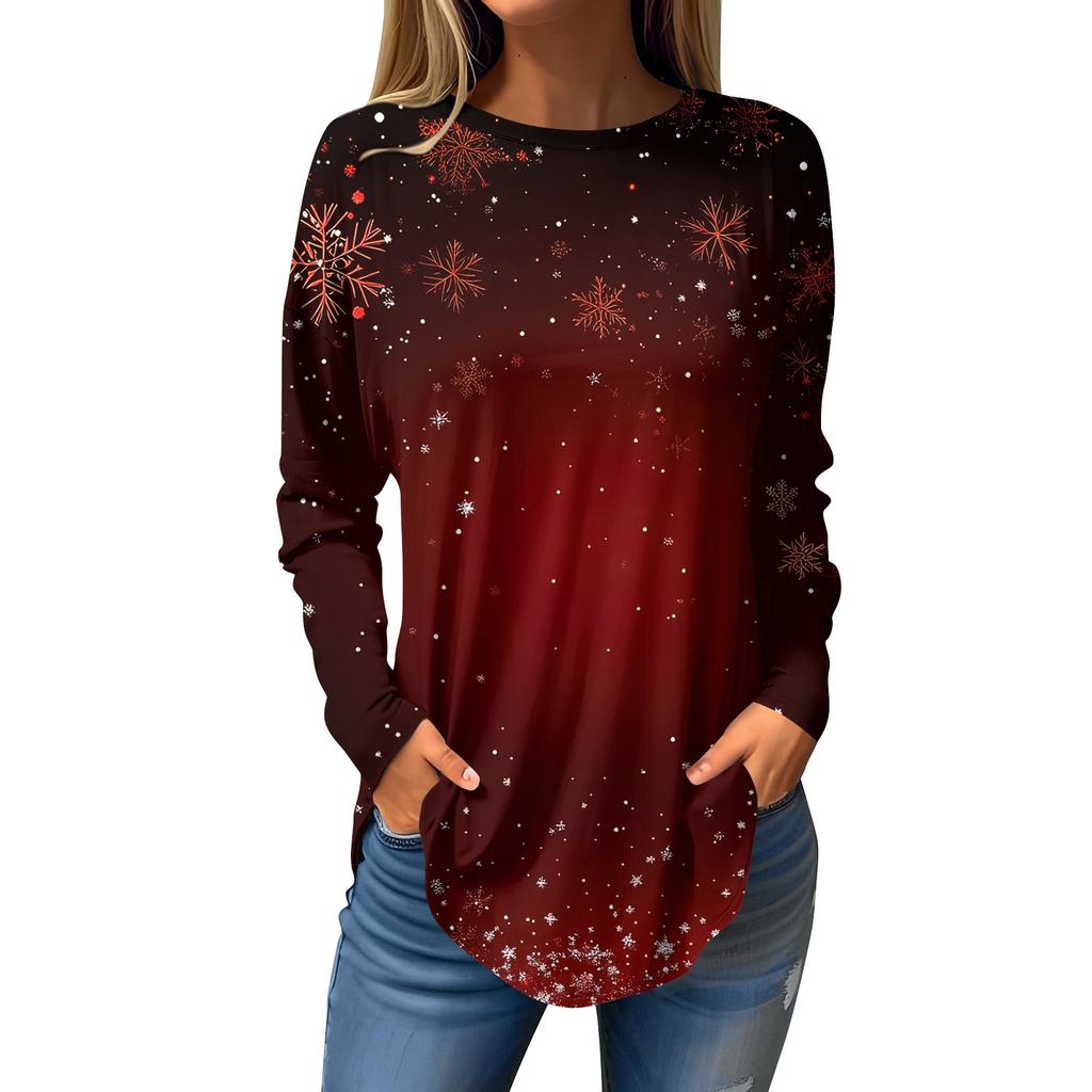 Women's Loose Round Neck Christmas Print Long Sleeve T-Shirt Top Pullover