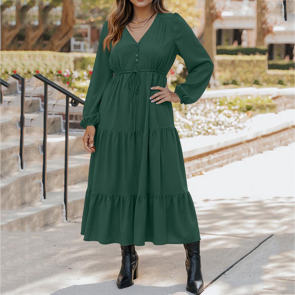 Women's Fashionable Casual Long-sleeved Tie Loose Maxi Dress