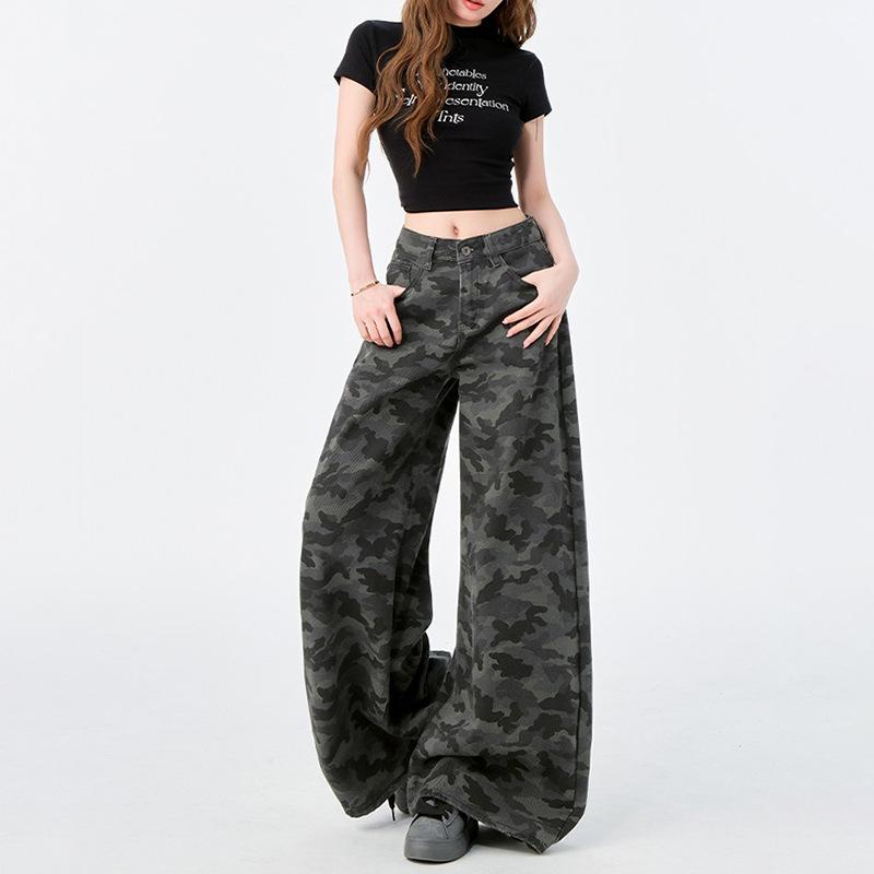 Women Camo Wide Leg Jeans High Waist Draped Floor Length Denim Pants Hip Hop Streetwear Loose Cargo Trousers With Washing Craft