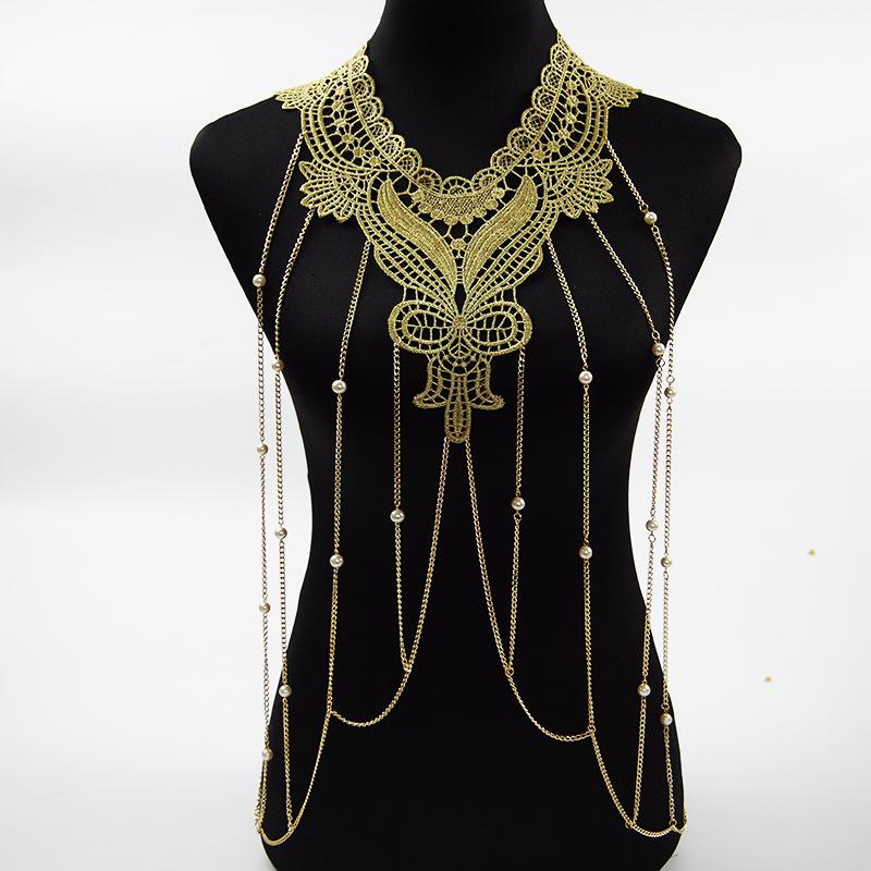Gold Lace Trim Multi-Layer Fashionable Tassel Necklace For Women Body Chain Jewelry Accessory Elegant Trendy Jewelry