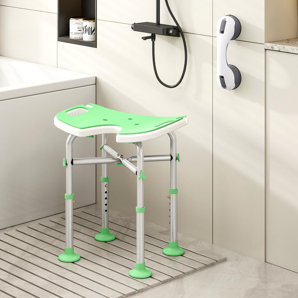 Shower Stool, Adjustable Height 39-51.5 cm, Suction Cup Support Bar, Suction Cup Pads, Green