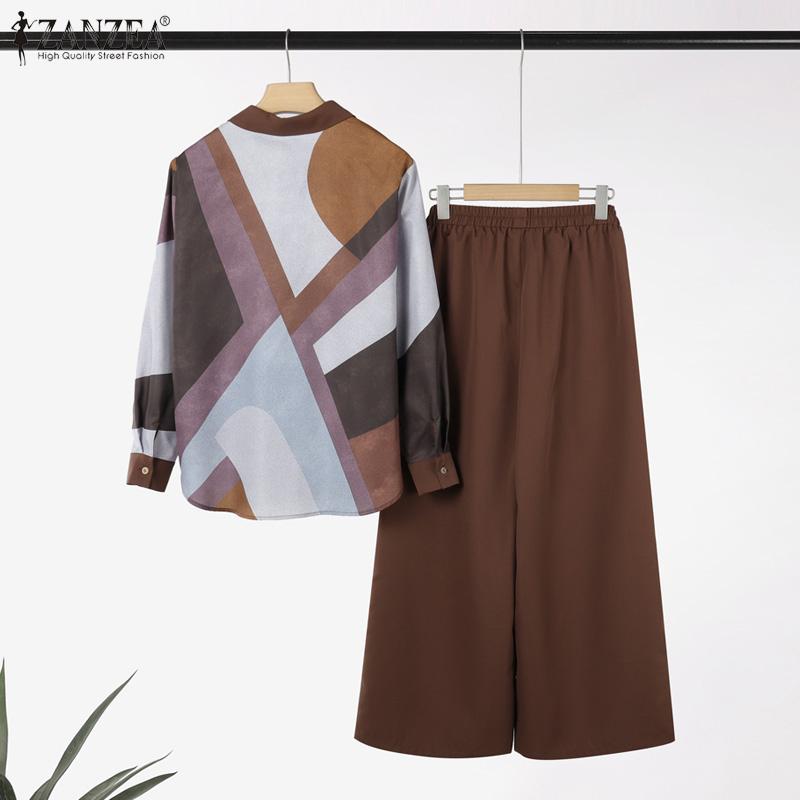 ZANZEA Women Long Sleeve Print Blouse and Pants Casual Two Piece Suit Sets