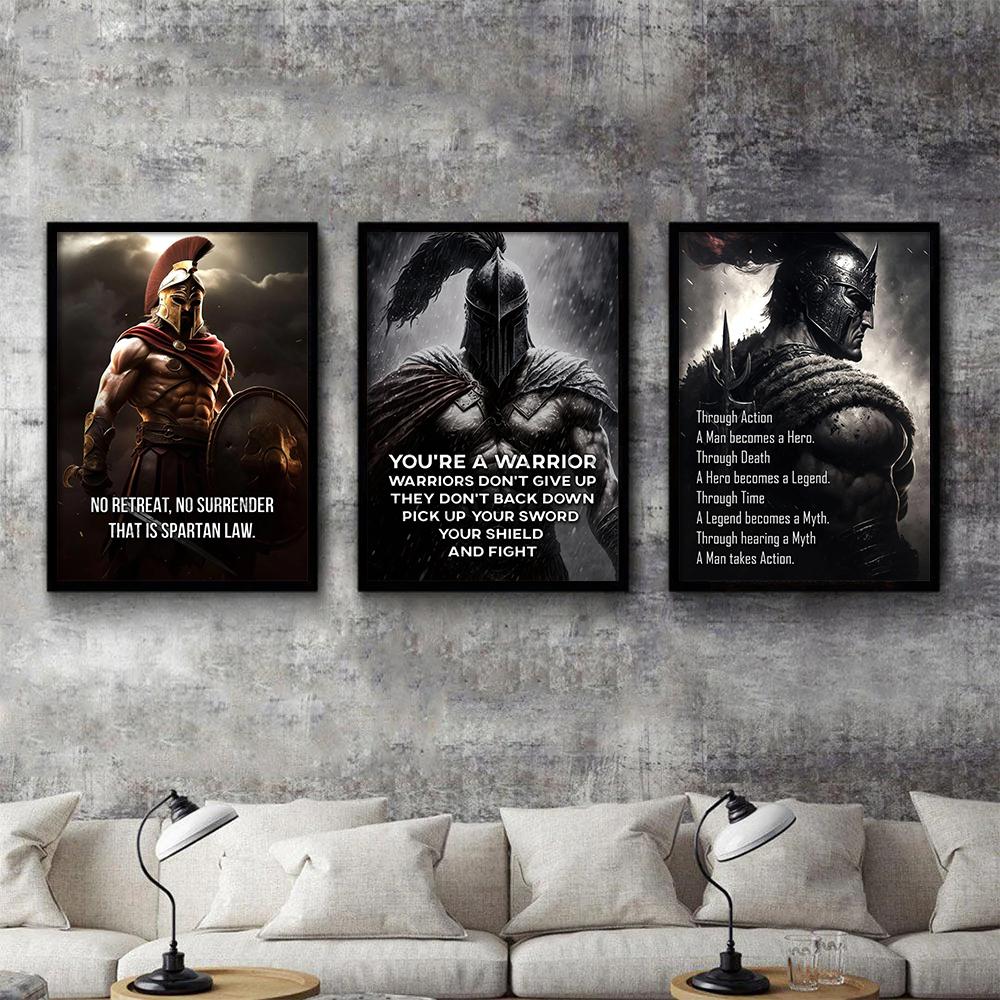 Warrior Motivational Quote Canvas Painting Posters Print Armored Spartan Inspirational Pictures Living Room Wall Art Home Decor