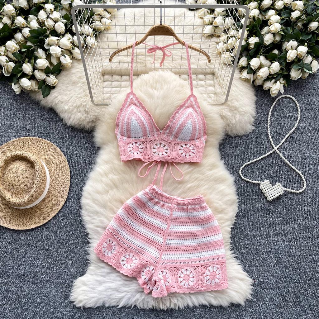 Summer Beach Vacation Knit 2pcs Suits Women Halter Sleeveless Lace Up Camis Elastic Waist Shorts Hook Flower Hollow 2pcs Set
