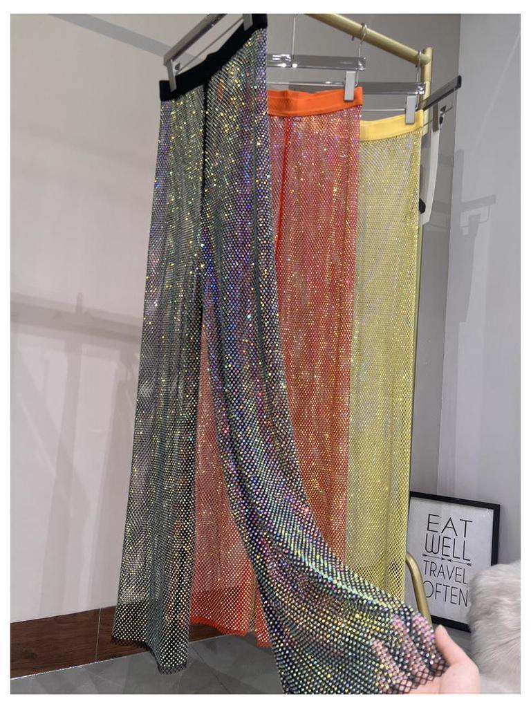 Letní sexy síťované kalhoty s výřezy a kamínky se širokými nohavicemi do nočního klubu