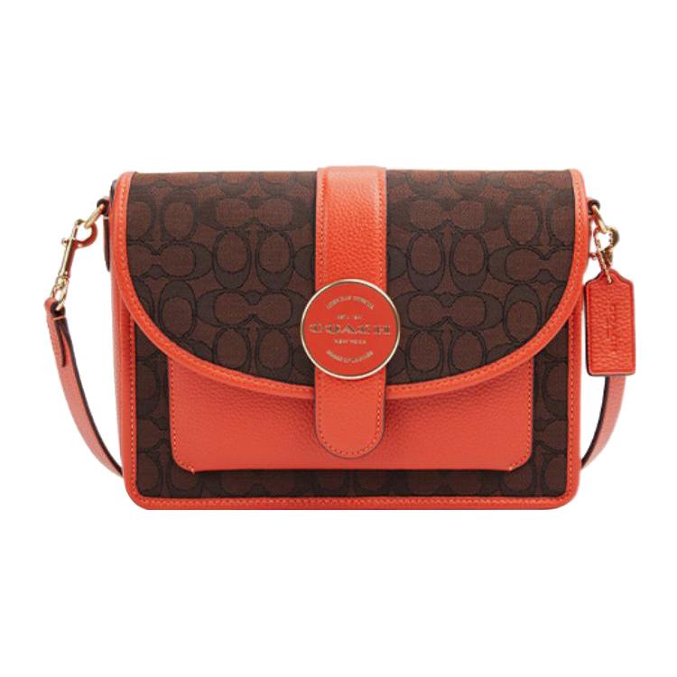 New COACH Lonnie Fabric With Cow Leather Small Square Bag Shoulder Bag, Crossbody Bag Medium Women's Brown & Orange Red C8307-IMUQ2