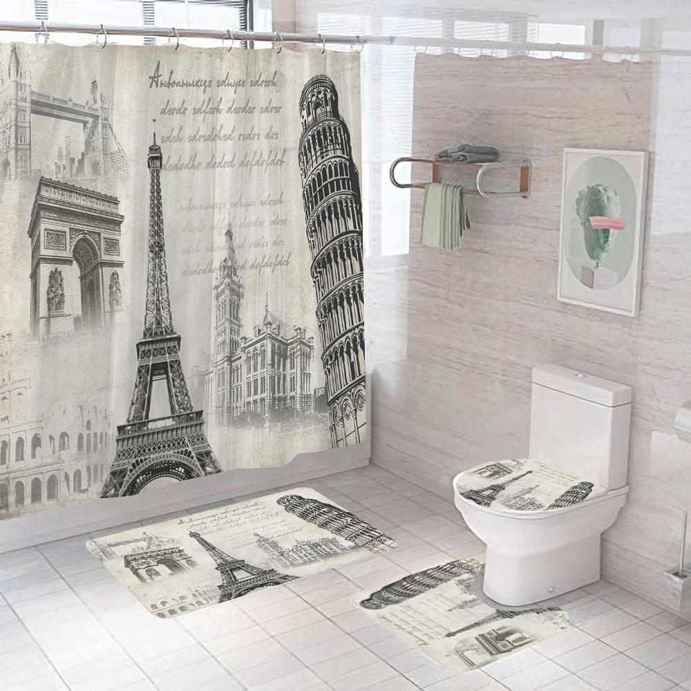Vintage Scenery Paris Tower Home Decor Waterproof Shower Curtain Set With 12 Hooks Toilet Covers Bath Mats Bathroom Non-Slip Rug