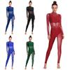 Damen Gymnastik Unitard Bodysuit Strass Durchsichtiges Netz Patchwork Cutout Rücken Ganzkörper Jumpsuit Eiskunstlauf Kleidung