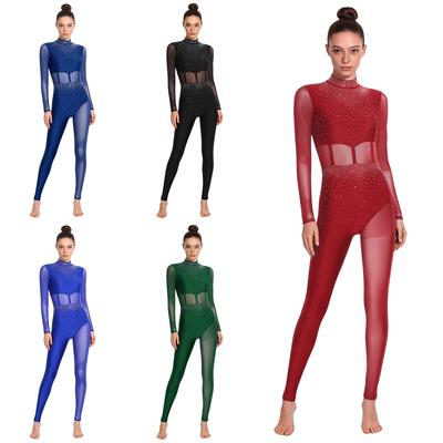 Funkelnder Ganzkörper-Jumpsuit für die Bühne S-XXL: Damen Performance-Kleidung mit durchsichtigen Mesh-Einsätzen und Rückendetail