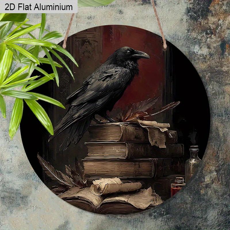2D Flat Aluminium Retro Halloween Sign with Black Crow Pattern - Halloween Figurine Ornaments - Ideal for Front Door, Wall, Porch, Window Decor