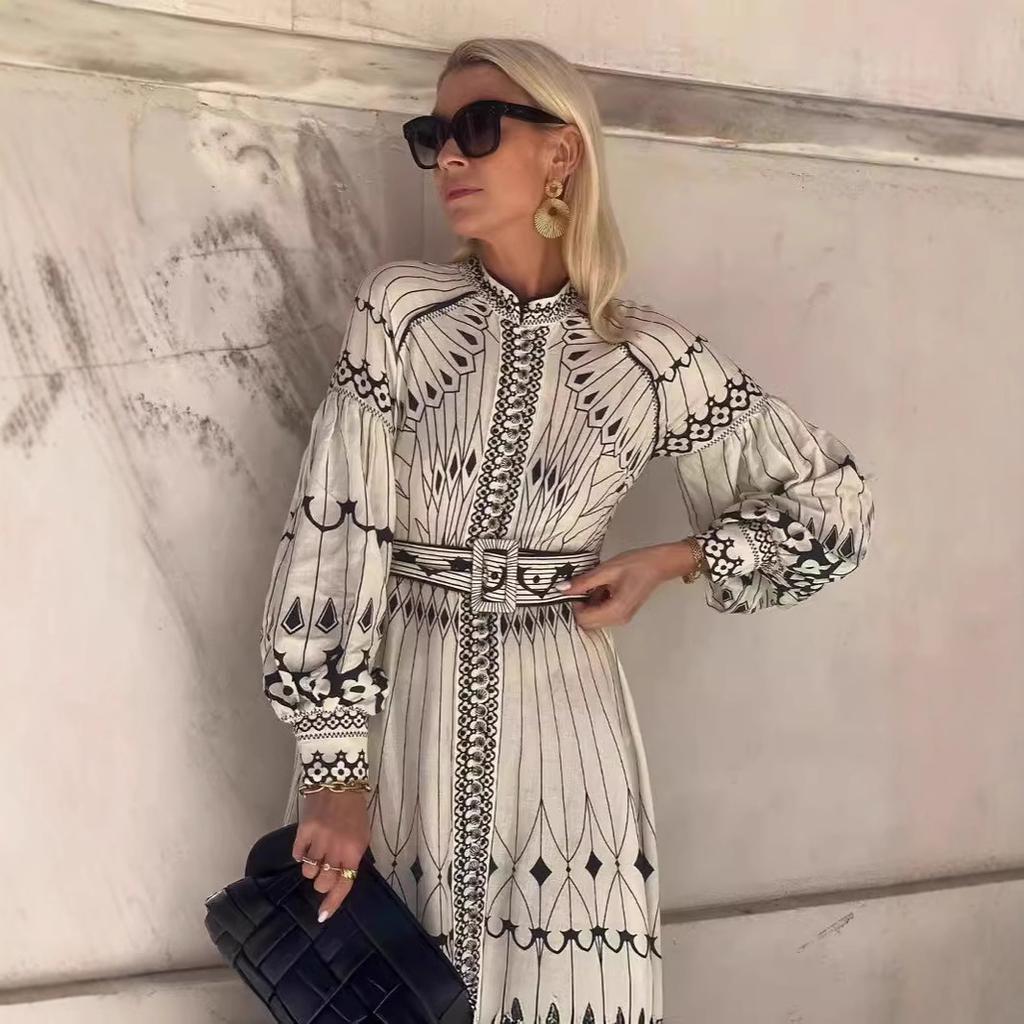 European and American Cross-border 2024 New  Independent Station Linen Loose Casual Vintage Lantern Sleeve Belt Dress