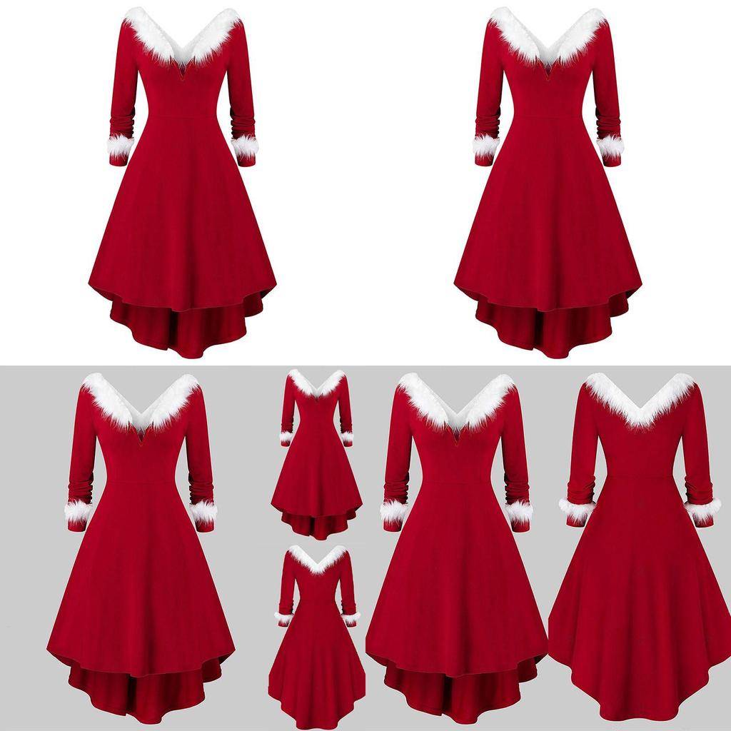Women Ladies Christmas Asymmetrical Faux Fur Panel Red Retro Fancy Dress Gown Stylish Flowy Maxi Dress For Festive Occasions