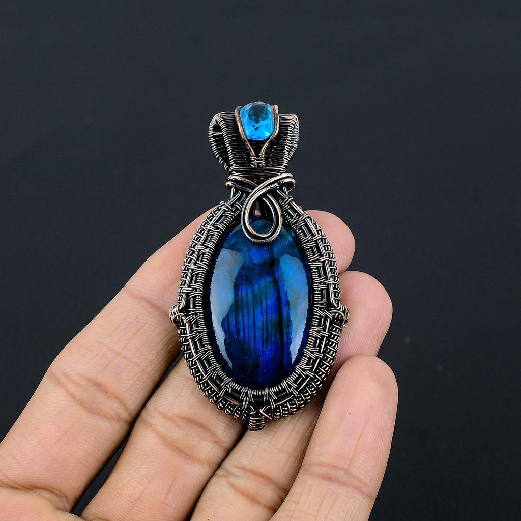 Blue Flash Labradorite Handmade Pendant, Natural Gemstone Jewelry, 999 Copper Wire Wrapped Pendant Jewelry, For Gift