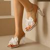 Fashion Crystal Heel Flip-Flops Summer New Square Toe Open Toe Lace Pearl Bow Block Heel Shoes