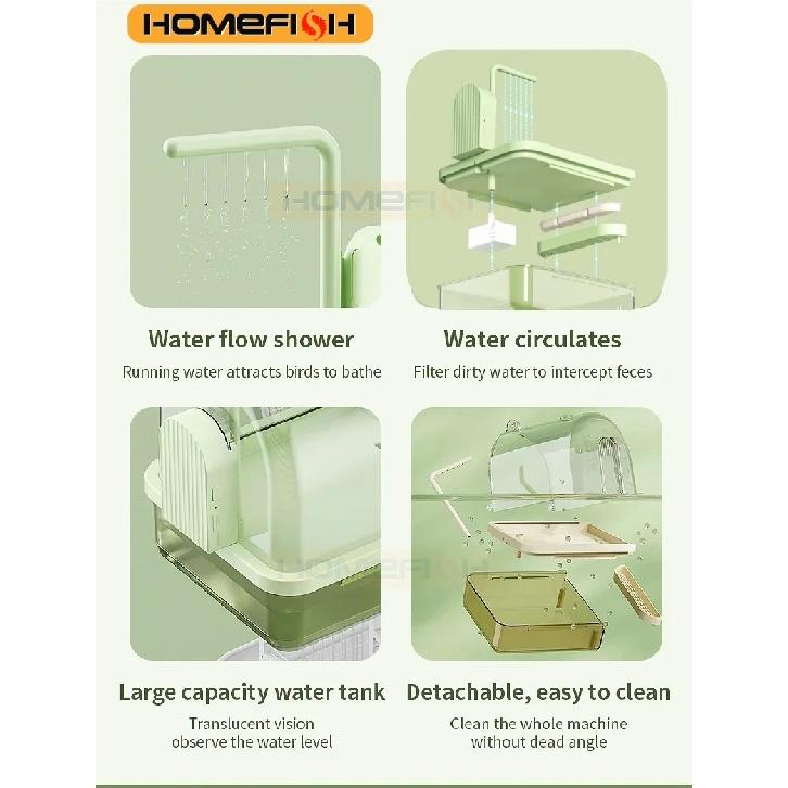 Bain d'oiseaux suspendu transparent circulation d'eau automatique bain douche pour oiseaux facile à nettoyer design peu encombrant accessoire de cage à oiseaux