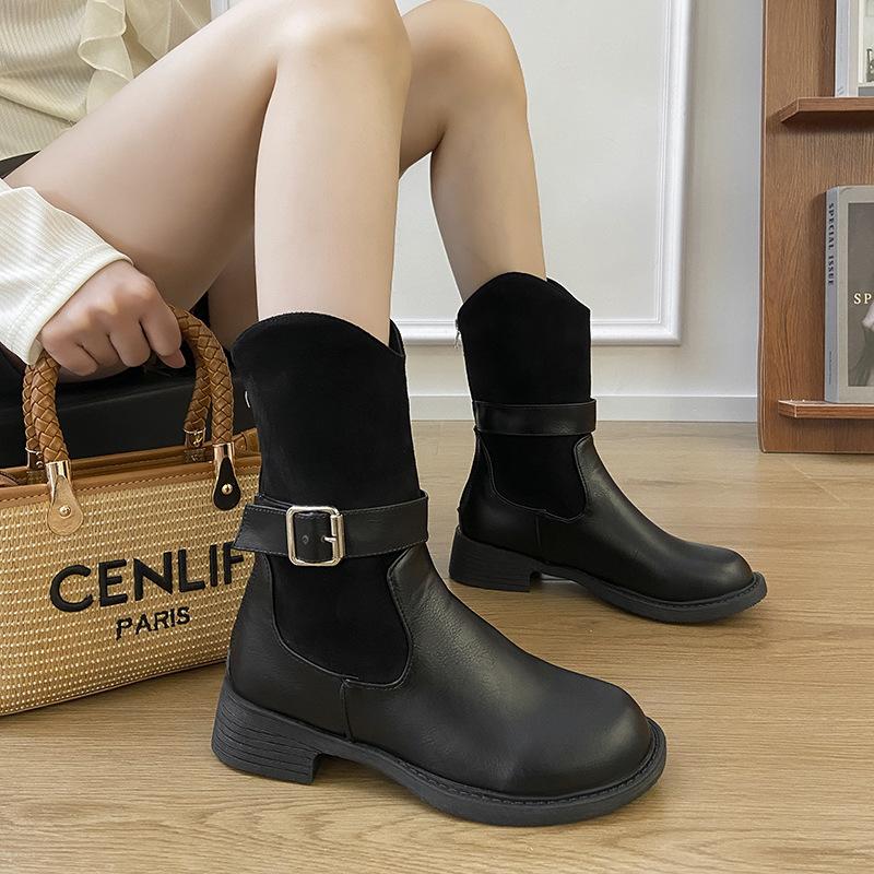 Autumn and winter fashion new retro color matching belt buckle imitation leather Martin boots round head thick sole thick heel short boots thin b