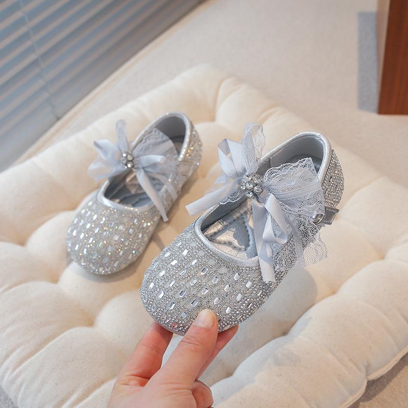 Spring New Girls Sweet Princess Shoes Bow Rhinestone Foreign Style Shallow Mouth Leather Shoes Fashion Children's Crystal Shoes