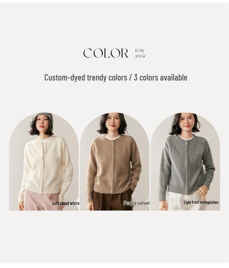 Women's Cashmere Round Neck Zipper Cardigan - Autumn/Winter Collection: Thick, Solid Color, Short, Loose Knit
