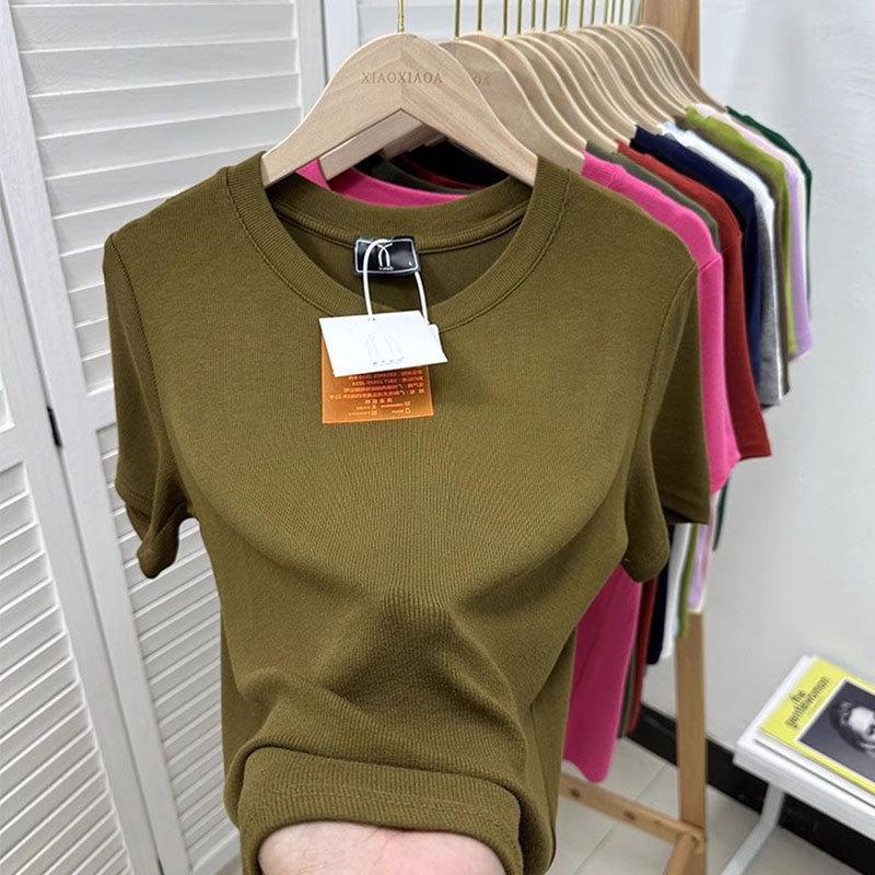 European Plus Size Ribbed Loose Short Sleeve T-shirt, Women's Green Base Layer Blouse