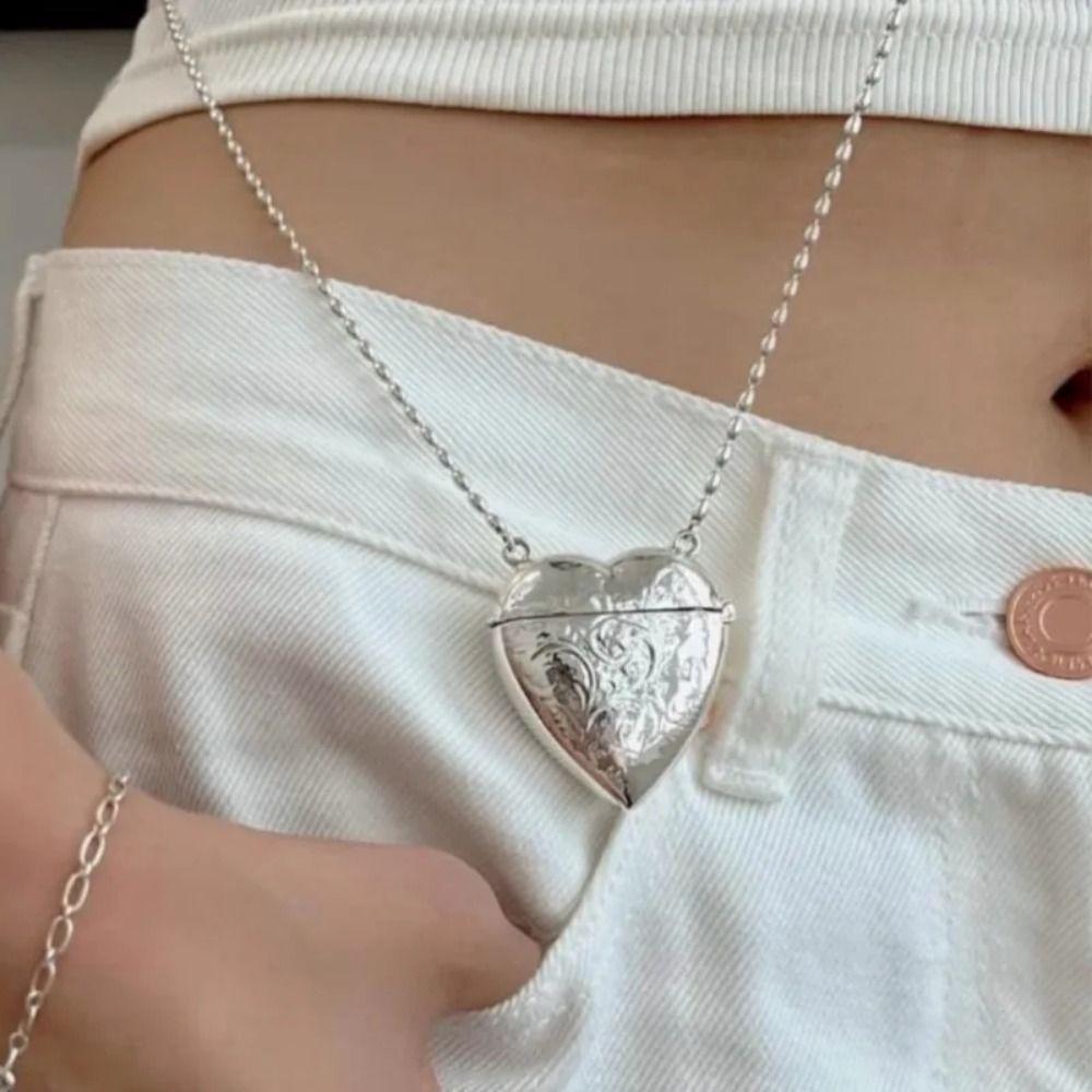 Photo Pendant Heart Locket Necklace Openable Photo Box Pendant Carved Heart Necklace Sweater Chain