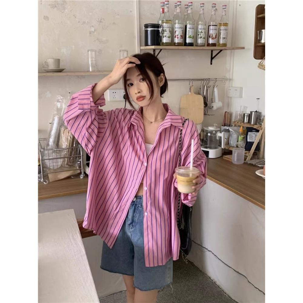 Pink Striped Shirt Jacket Women's New Irregular Sunscreen Shirt Loose Long Sleeved Casual Top