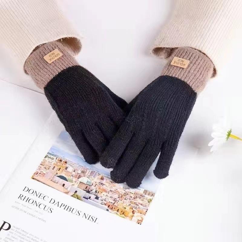 Winter Gloves Winter Girl Thickened Five-finger Student Cute Knitted Cold-proof Riding Touch Screen Warm Cycling Gloves