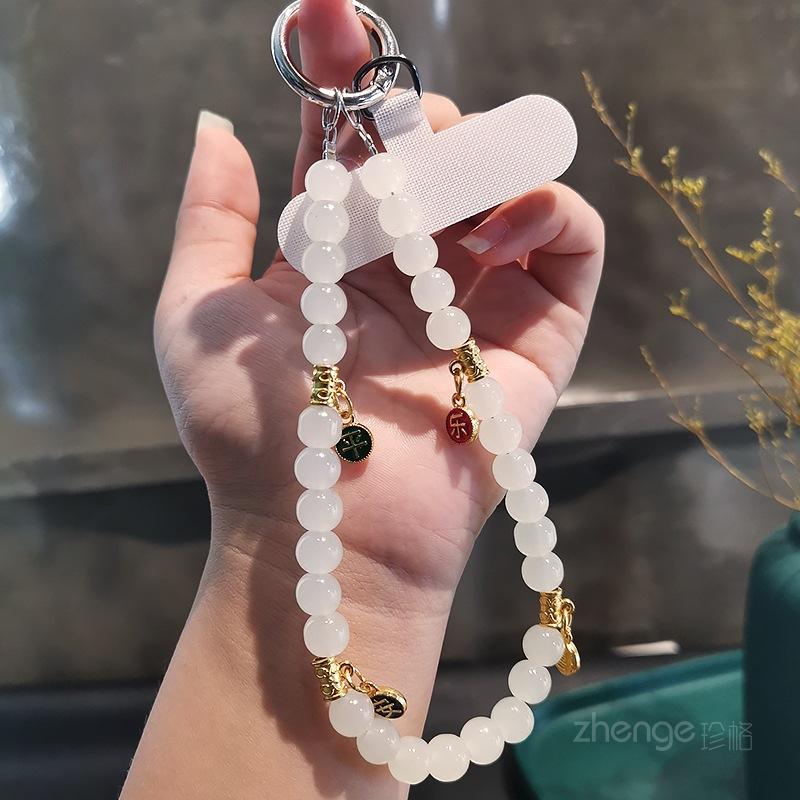 

Ping An Joy Beaded Bracelet Women s Ins Crystal Bead Lanyard Portable Wrist Pendant Mobile Phone Lanyard Short [white]+white card strip