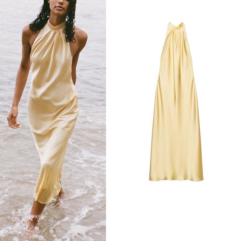Summer New Product Women clothes French style Design Silk Satin Texture Neck Collar Midi Dress 3592399
