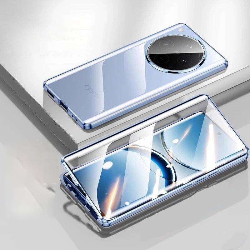 

Магнитный чехол для OPPO Find X9 X8 X7 X6 Pro с металлической рамкой, двусторонним закаленным стеклом, полной защитой объектива, бамперами для телефона for Find X8 Pro синий