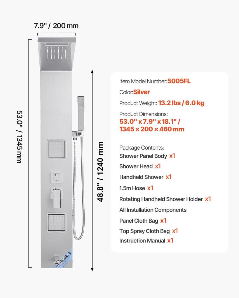 VEVOR Shower Panel Tower System with Rainfall Waterfall Shower Head, 53 in Brushed Stainless Steel Shower Column, 5-Function Faucet