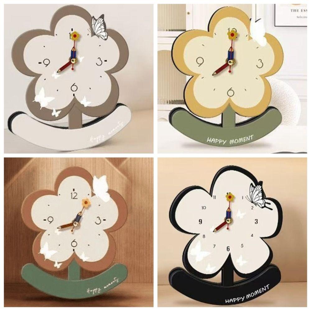 Charming Wooden Silent Pendulum Clock Elegant Clear Dial Desk Clock Vintage Non-slip Small Flower Clock Office