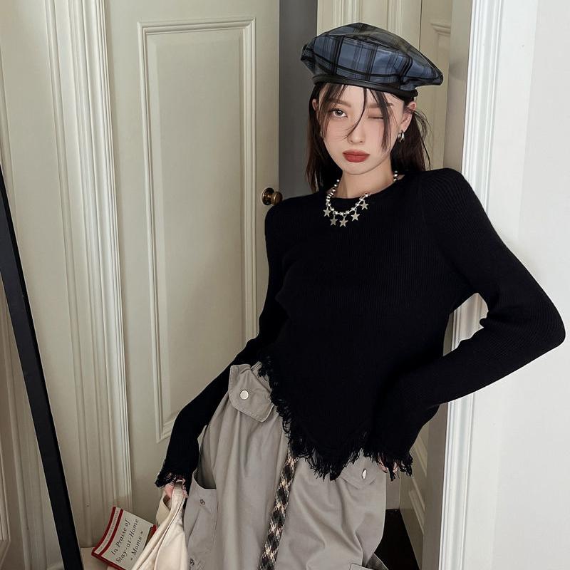 Tassel T Shirt Korean Style Solid Color Crop Top Autumn Long Sleeve Tees Slim Fashion Tshirts Femme O-neck Clothes Japanese