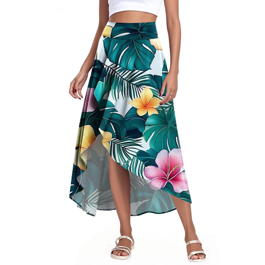 Women's Fashion Casual Printed Slit Ruffle High Waisted Fluttering Shorts Skirt