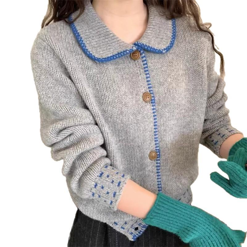 Women's Korean Sweet Style Color Block Cardigan - Turn-Down Collar, Slimming, Single-Breasted Knitted Sweater for Spring/Autumn