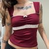 Niche style lace square collar court style short-sleeved top spring new sweet and spicy slim fashion top