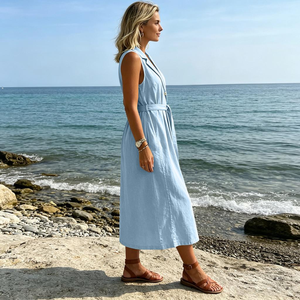 Sleeveless Lapel Collar Midi Dress with Button Front and Waist Tie for Women Casual Loose Fit Summer Dress