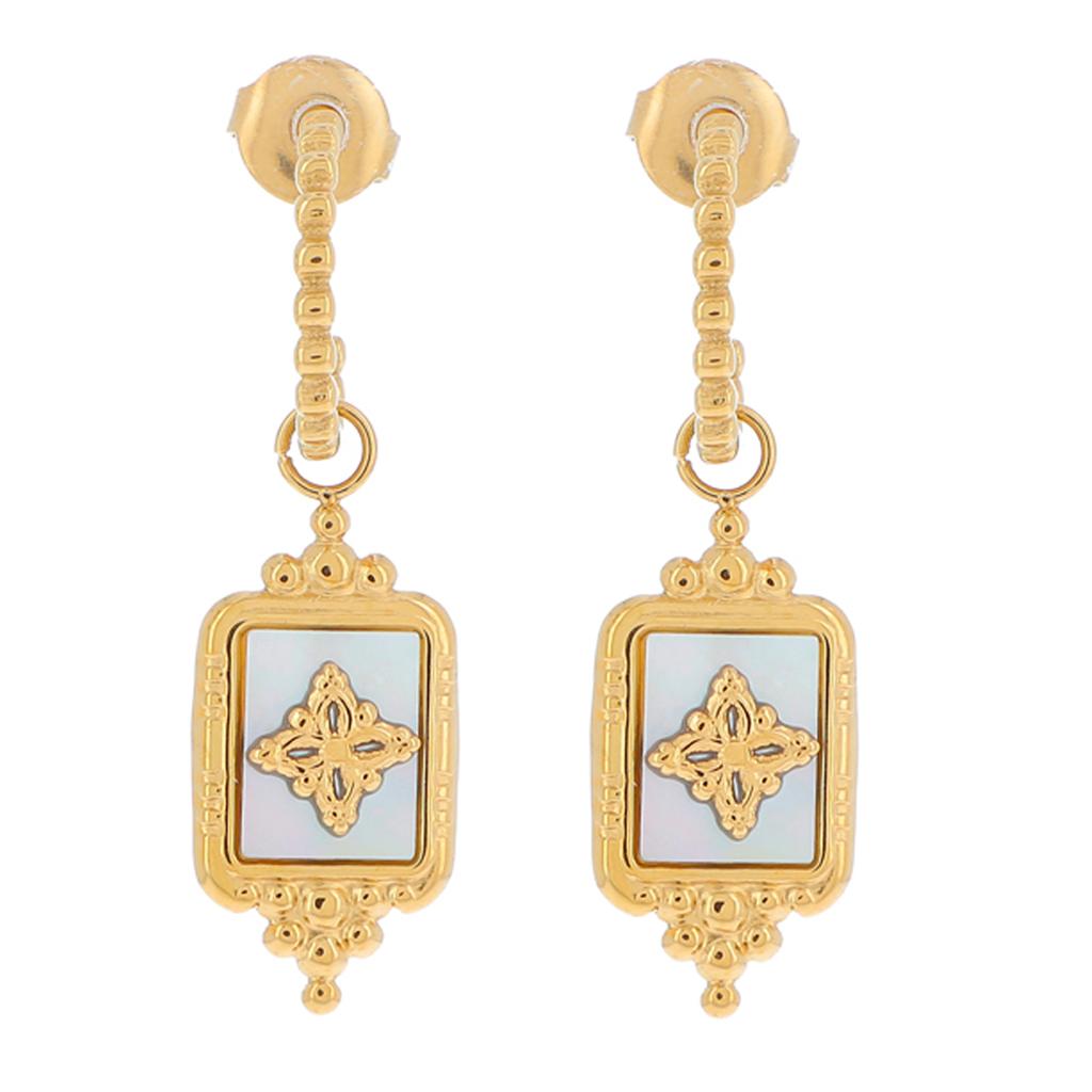 Les Trésors De Lily [R4375] - Designer Steel Hoop Earrings 'Cléopatra' Golden White (mother-of-pearl) - 15mm - 20x10mm