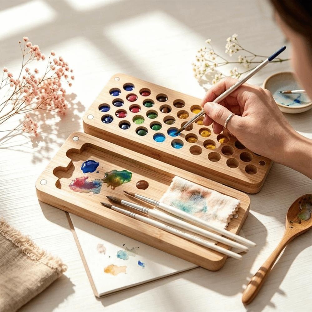 Handmade Rectangle Palette Painting Box Wood Outdoor Sketching Palette Travel Use