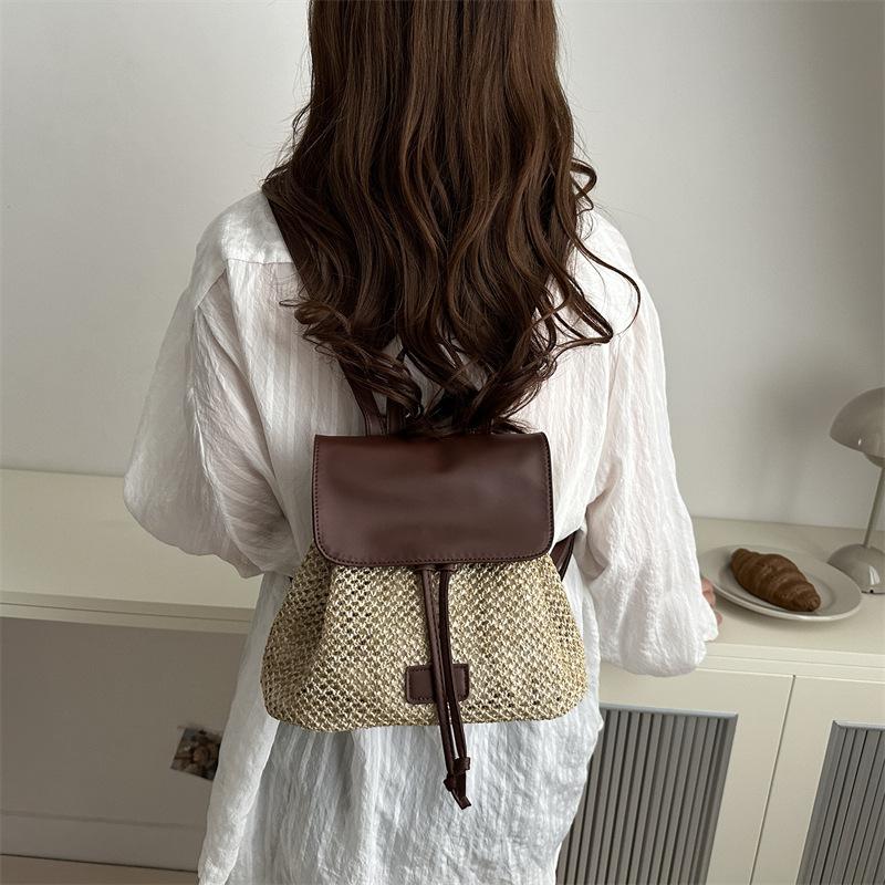 2024 Casual New Fashion Summer Foreign Style Design Straw Weaving Leisure Travel Double Shoulder Small Backpack Bag Women