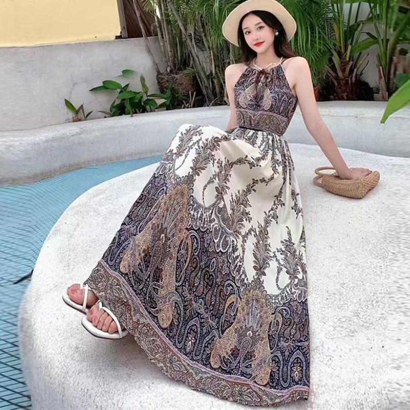 Beach dress cotton and silk printed suspender dress Hawaiian wind island Yunnan travel vacation dress artificial cotton fresh