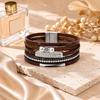 Boho-Mehrschicht-PU-Lederarmband für Damen, Einfacher Magnetverschluss, Strassstein, Vintage-Braunes Armreif-Armband
