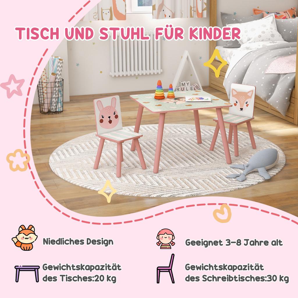 Children's Seating Set Made of Pine Wood, Table with 2 Chairs, Animal Motif, Children's Room, 3-8 Years, Pink