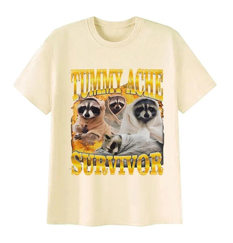 

Fun Stomach Pain Survivor Raccoon Emoji Print Short Sleeve Tshirt for Women Humorous Cute Summer Casual Tshirt Clothing 4XL