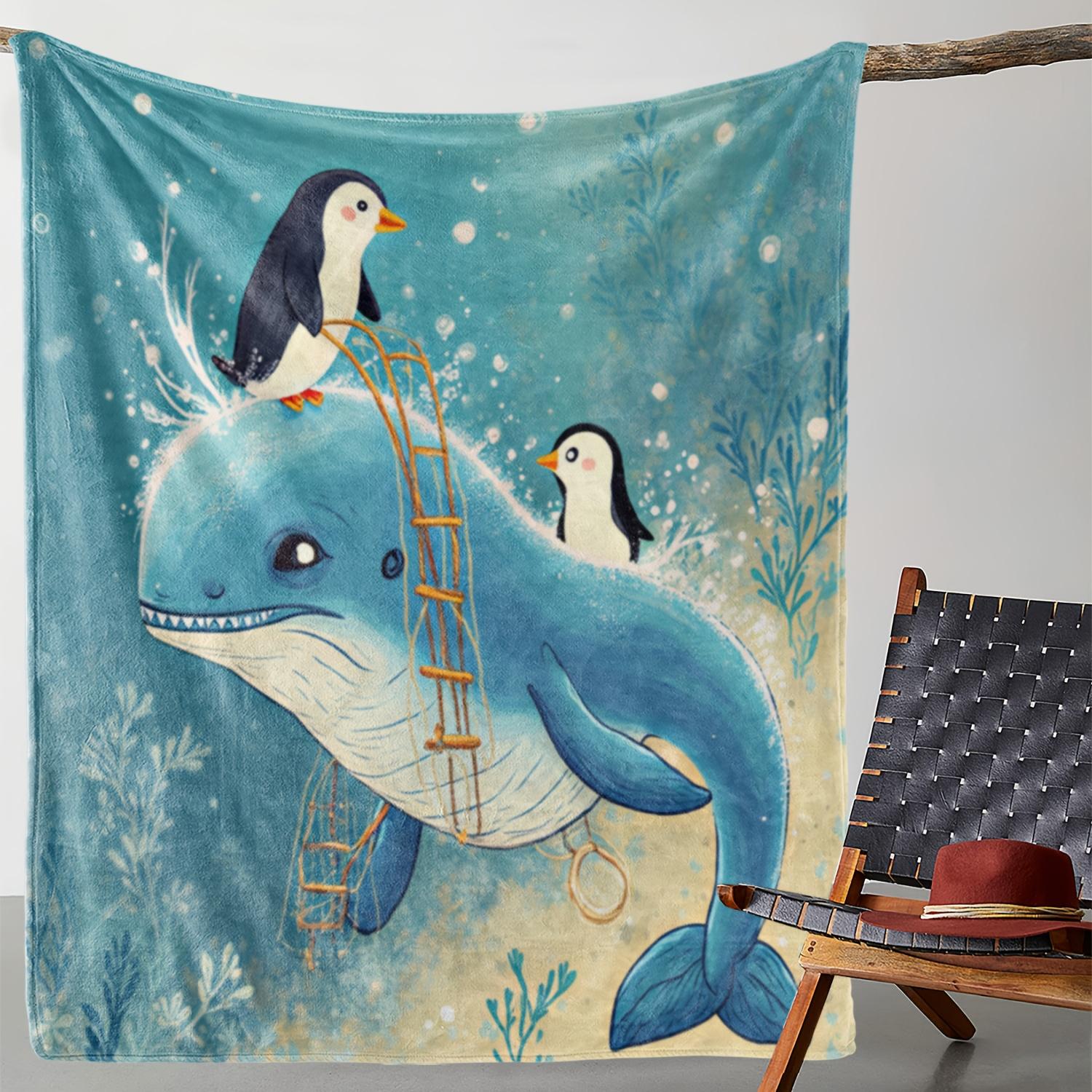 

1pc Zeal Lily Flannel Blanket - Penguin & Whale Marine Theme 2D Print, Soft Blue Ocean Design with Penguins & Whale, All-Season 75x90cm28x35in