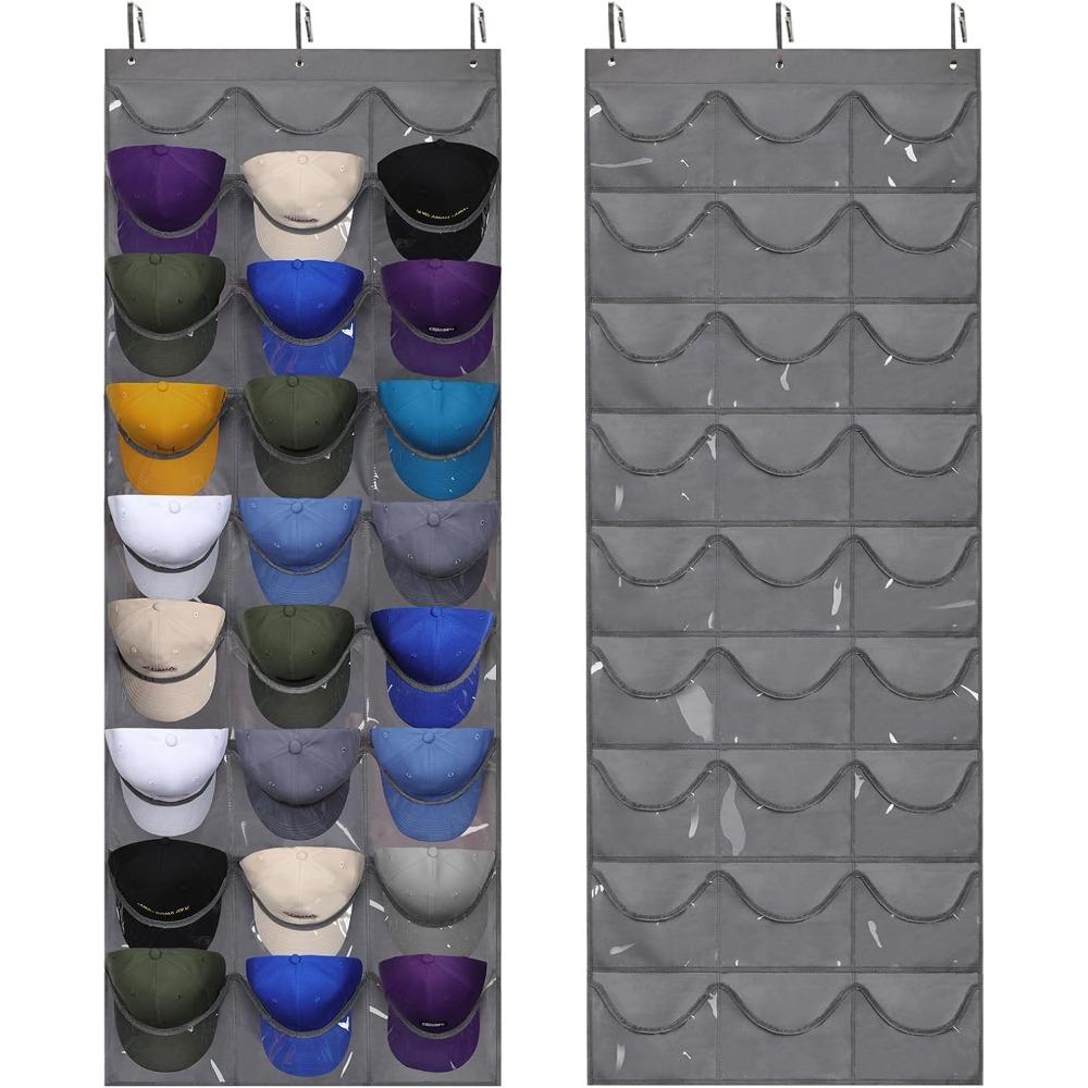 Dofilachy Hat Organizer Racks for Baseball Caps, Visible Hat Holder Rack for Wall Door with 3 Hooks, 24 Deep Pockets